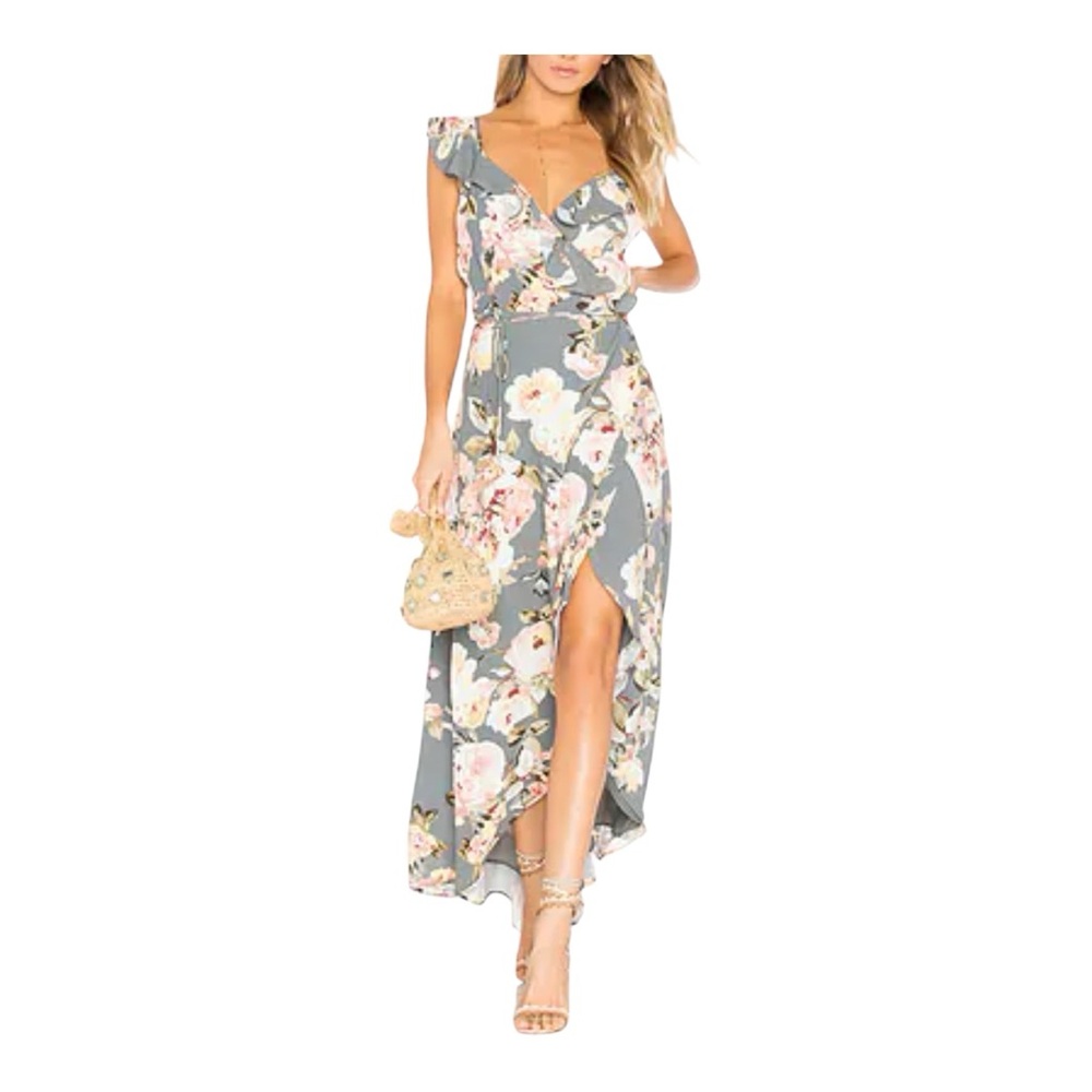0035W. PRIVACY PLEASE WRAP MAXI DRESS HIGH LOW BOTTOM SIZE XSMALL GRAY BASE